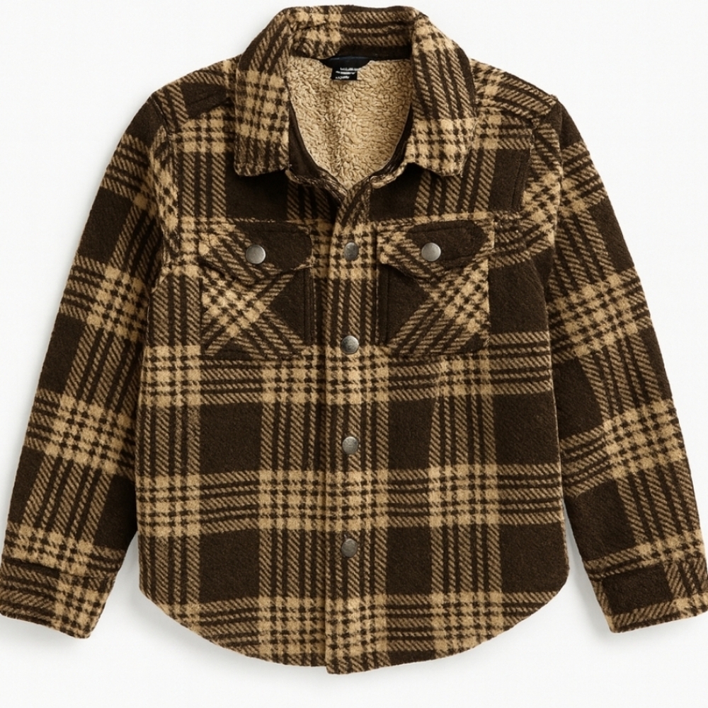 Eddie Bauer Brown Plaid Jacket Faux Shearling Lining Boys Sz 4/5 - Picture 1 of 8